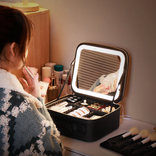 Large Capacity Cosmetic Bag With Lamp And Mirror Detachable Partition Cosmetic Storage Bag Portable Travel Bag