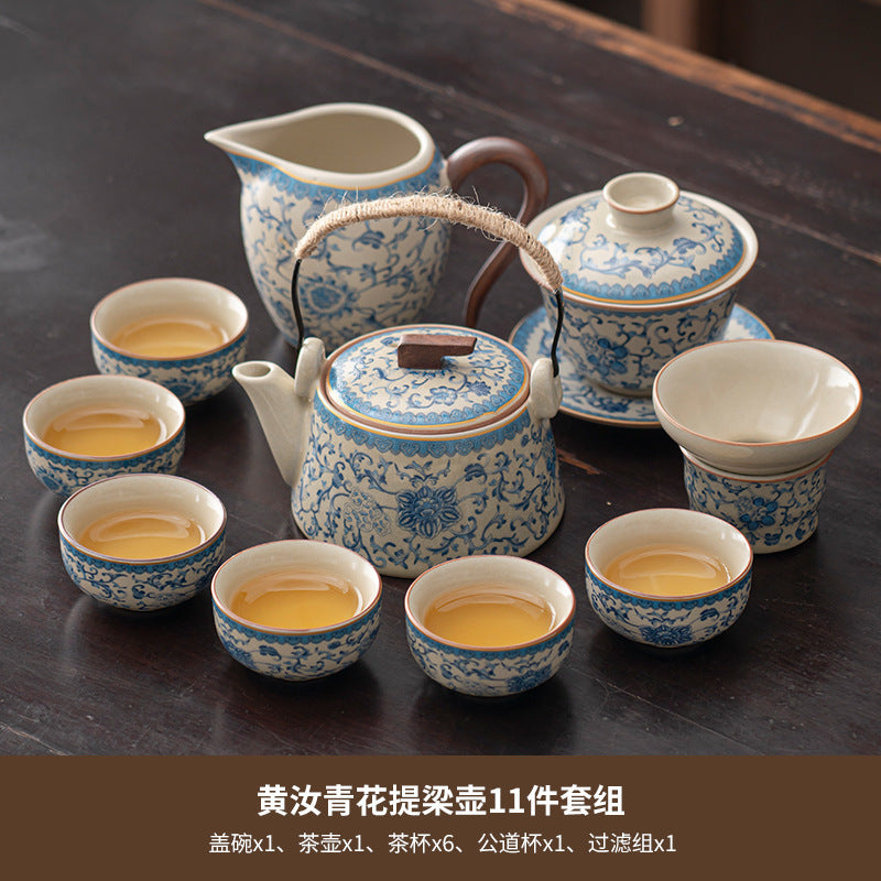 Blue and white beige Ru kiln kung fu tea set home office tea drinking Chinese high-grade ceramic teapot drinking teacup