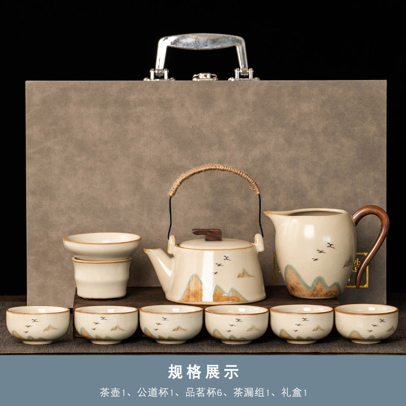 Beige Ruyao Kung Fu Tea Set Set Household Light Luxury Teapot Cover Bowl Tea Office Ceramic Teacup Tea Tray Complete Set