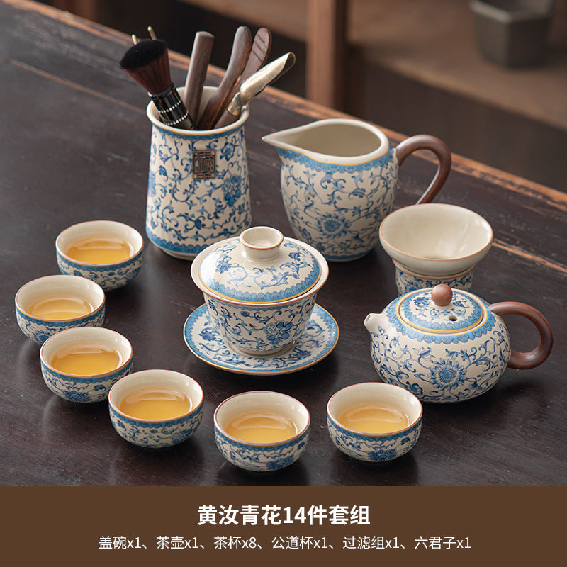Blue and white beige Ru kiln kung fu tea set home office tea drinking Chinese high-grade ceramic teapot drinking teacup