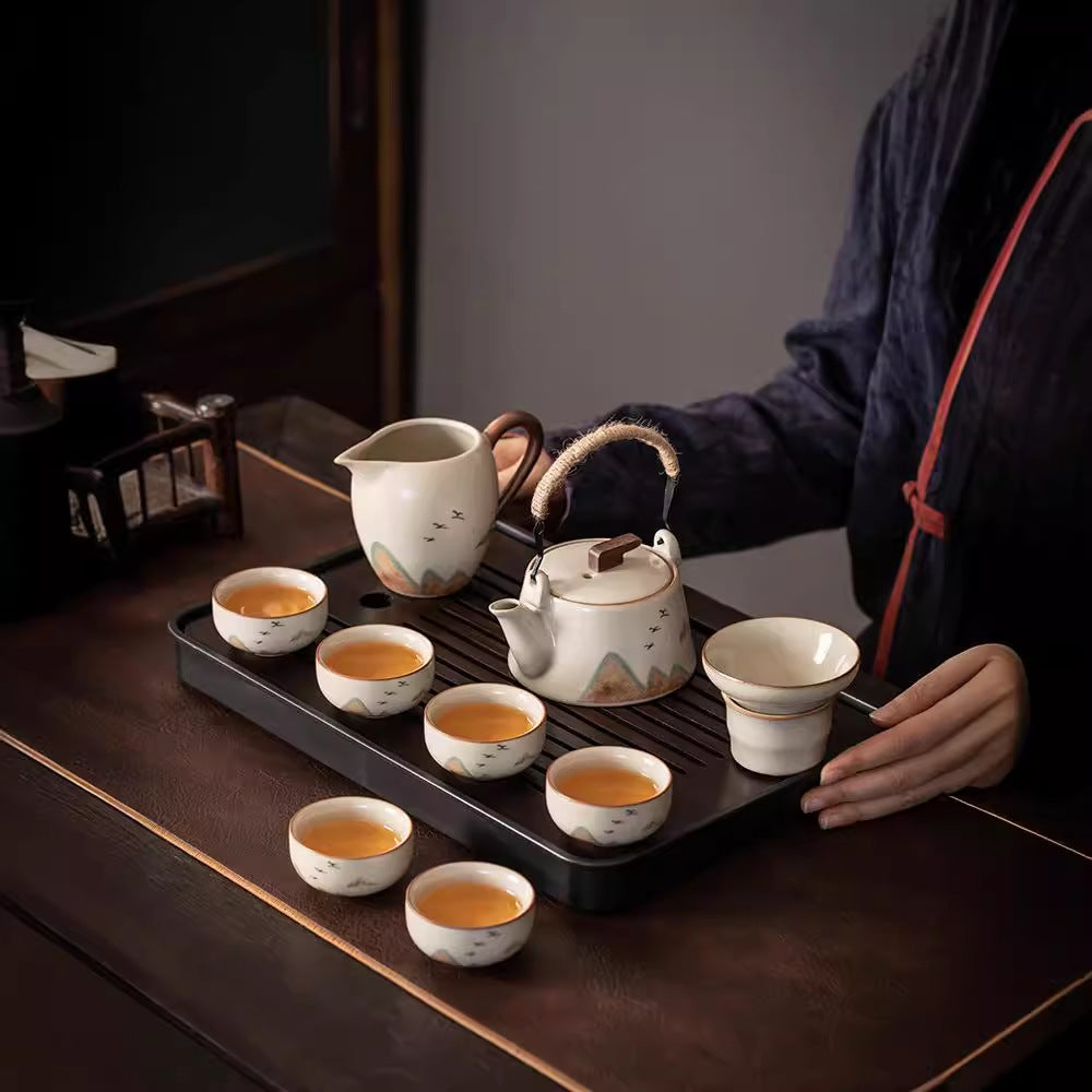 Beige Ruyao Kung Fu Tea Set Set Household Light Luxury Teapot Cover Bowl Tea Office Ceramic Teacup Tea Tray Complete Set