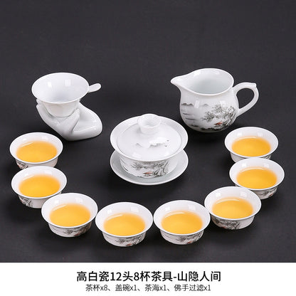 Dehua white porcelain kung fu tea set household ceramic light cover bowl teacup tea pot teapot complete set factory direct sales