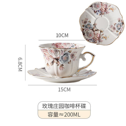 European-style elegant floral coffee cup saucer, Western-style retro gold-painted ceramic mug, household luxury teacup, water cup