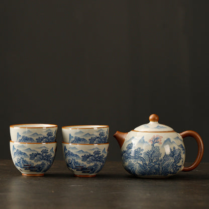 Ru kiln open piece teapot to make tea home Xi Shi pot four cups of high-grade 2024 new ceramic kung fu tea set