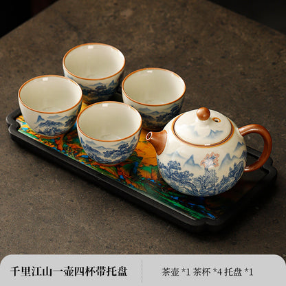 Ru kiln open piece teapot to make tea home Xi Shi pot four cups of high-grade 2024 new ceramic kung fu tea set