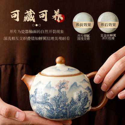 Ru kiln open piece teapot to make tea home Xi Shi pot four cups of high-grade 2024 new ceramic kung fu tea set