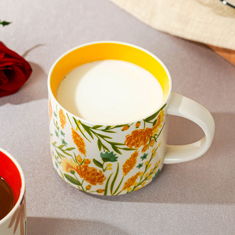High-value floral glazed ceramic mug mug mug household large capacity breakfast cup business National Day gift logo